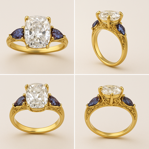 2 carat elongated cushion cut diamond with claw prongs and marquise alexandrite side stones set in a yellow flared shank from all angles 