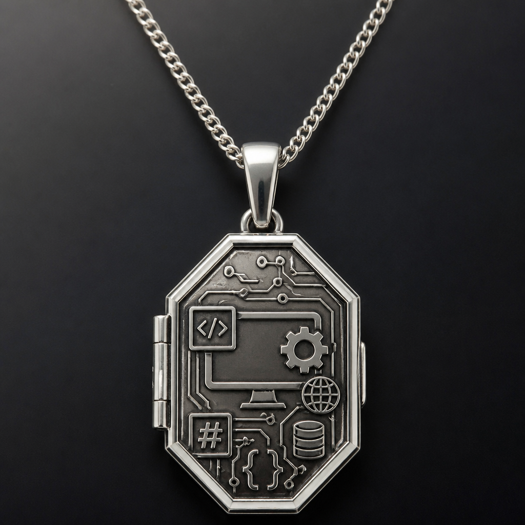 A men's ring. ,SOFTWARE ENGINEER, HTML ,C#PYTHON CSS LANGUAGE RELATED JWELLERY. Refinement: make a locket
photorealistic jewelry design, A men's ring. ,SOFTWARE ENGINEER, HTML ,C#PYTHON CSS LANGUAGE RELATED JWELLERY. Refinement: make a locket, just the design no text