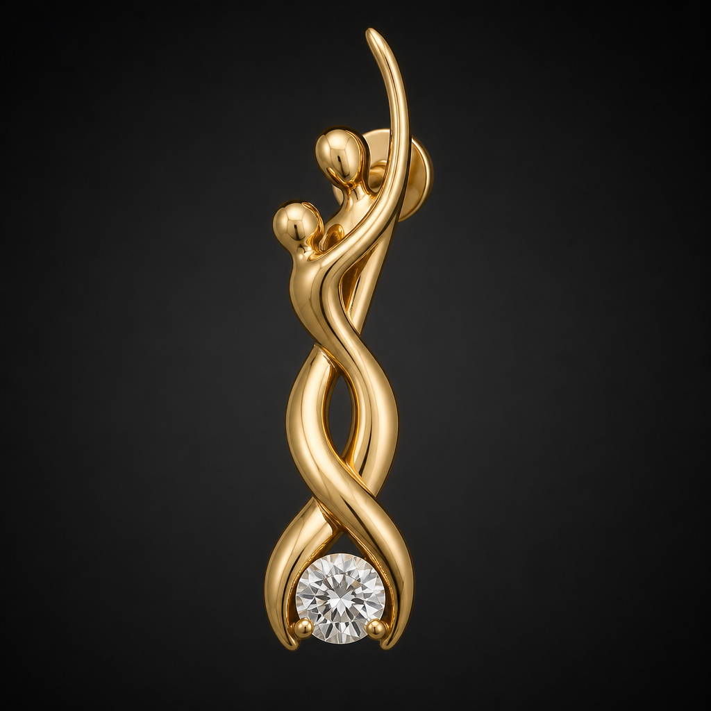 Faça um brinco todo em ouro como se duas pessoas estivessem entrelaçadas dançando. Bem fluido e moderno, com movimento. Uma zircônia na base em tamanho médio.
photorealistic jewelry design, Faça um brinco todo em ouro como se duas pessoas estivessem entrelaçadas dançando. Bem fluido e moderno, com movimento. Uma zircônia na base em tamanho médio., contemporary style, just the design no text