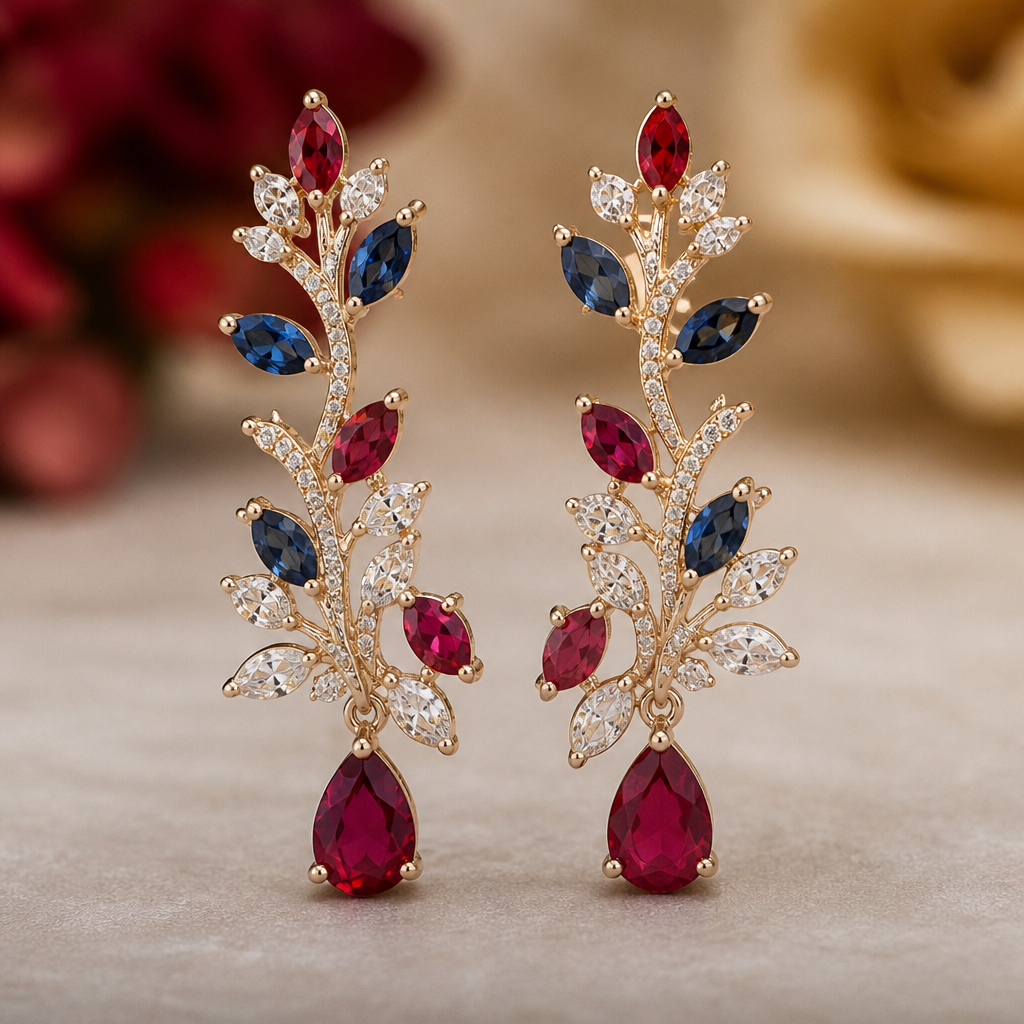 A nature-inspired women's earrings with ruby and sapphire stones suitable for wedding
photorealistic jewelry design, A nature-inspired women's earrings with ruby and sapphire stones suitable for wedding, nature_inspired style, just the design no text
