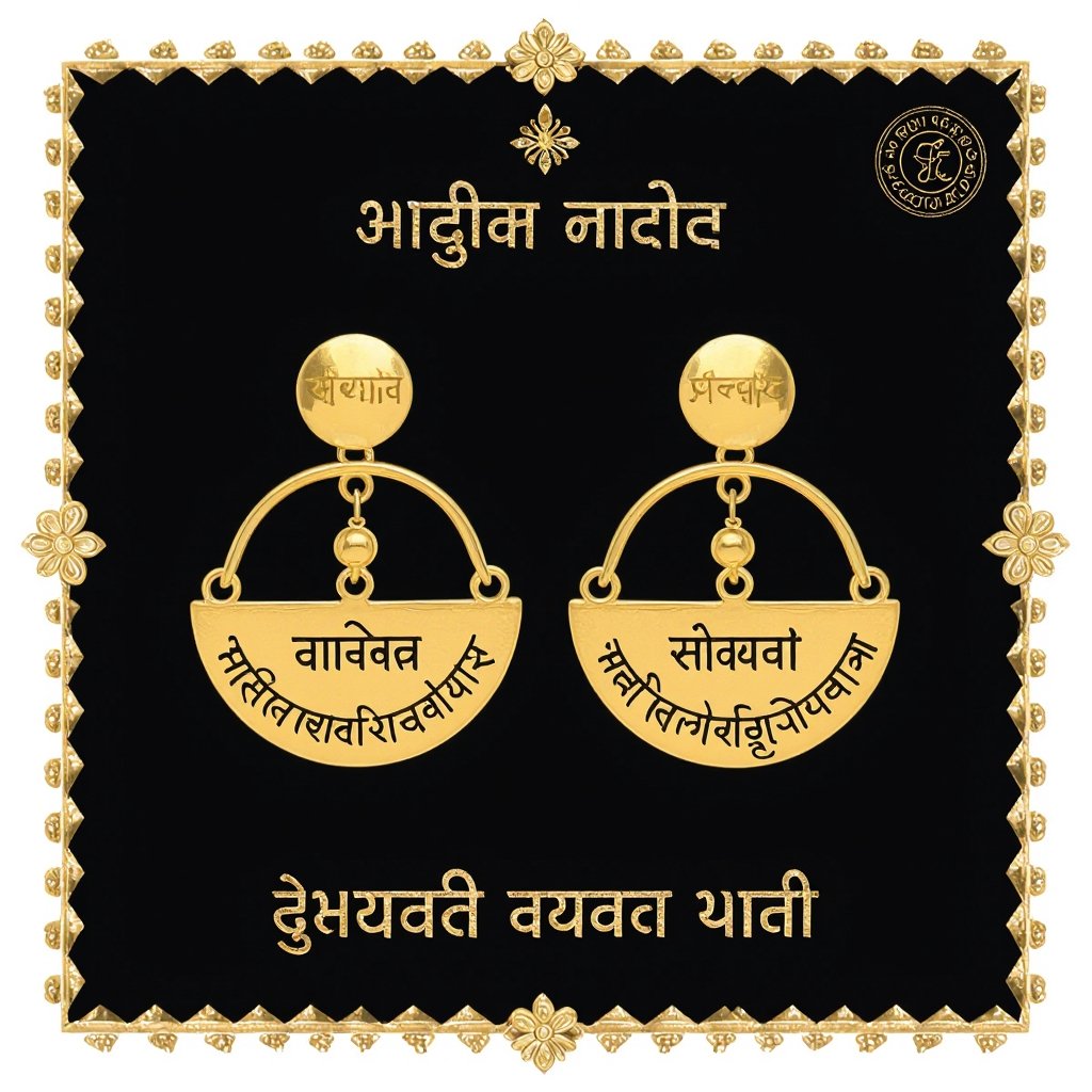 Серьги золотые в форме тонкого изящного полумесяца, полукруг как продолжение застежки, на полукруге надписи мантрами на санскрите