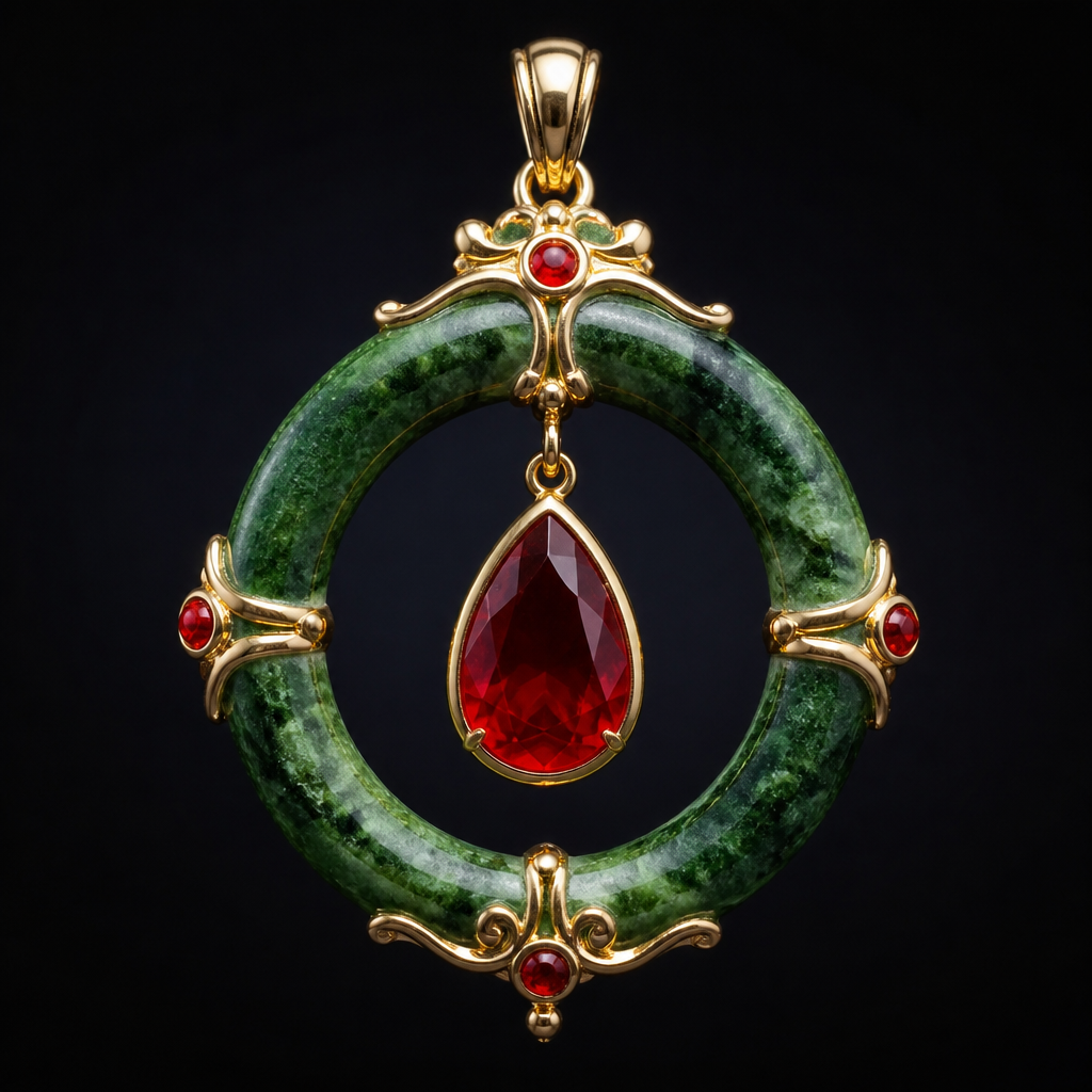 Use vibrant red faceted stones and gold to create a pendant using dark green mottled jade 2.25 diameter jade bracelet as the central focal point with a vibrant red teardrop stone dangling in the center of the bracelet
photorealistic jewelry design, Use vibrant red faceted stones and gold to create a pendant using dark green mottled jade 2.25 diameter jade bracelet as the central focal point with a vibrant red teardrop stone dangling in the center of the bracelet, bespoke style, just the design no text