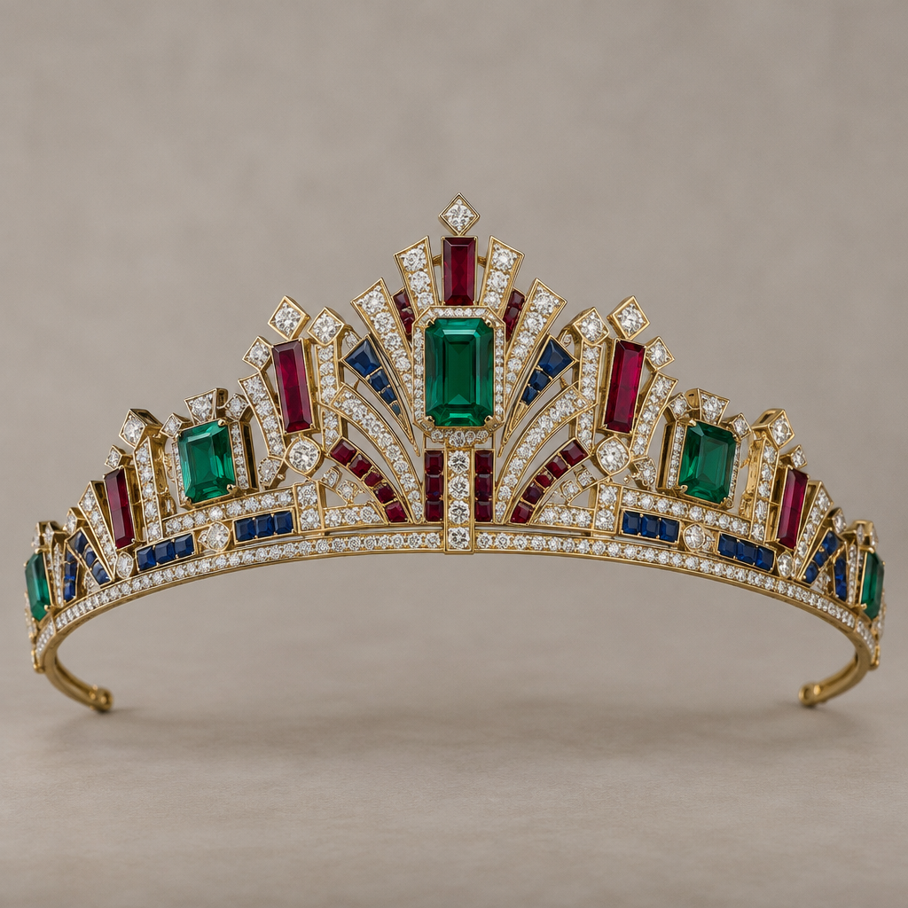 A art deco women's tiara made of gold with emerald and ruby and sapphire and diamond stones suitable for wedding
photorealistic jewelry design, A art deco women's tiara made of gold with emerald and ruby and sapphire and diamond stones suitable for wedding, art_deco style, just the design no text