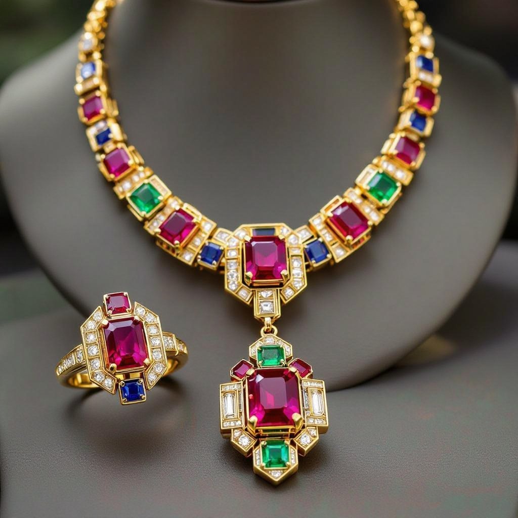 Necklace and ring and earring with luxury colorful jewel with gold