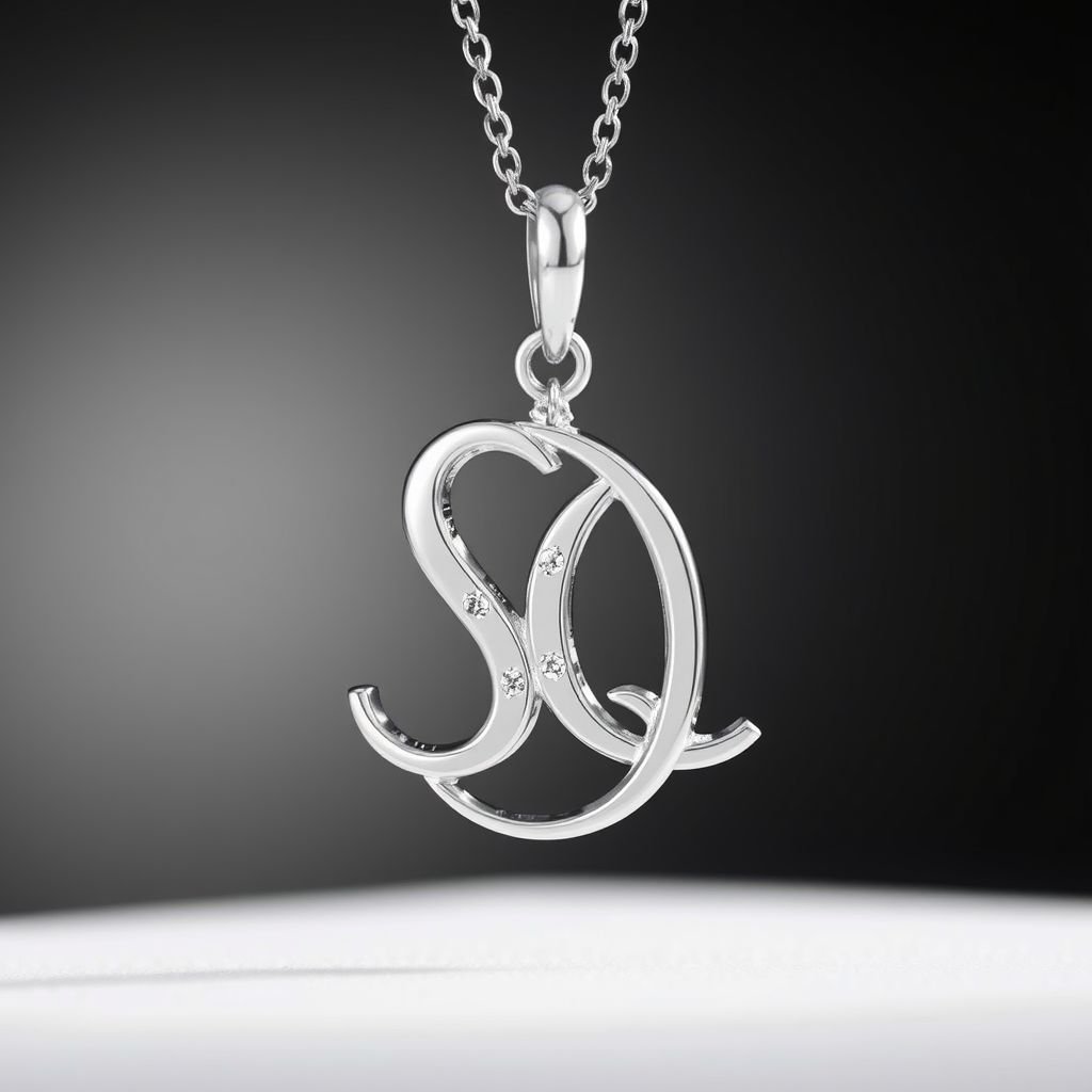 silver necklace with the pendant in conjoined letters SQ with white  stones. Make it cute and simple 