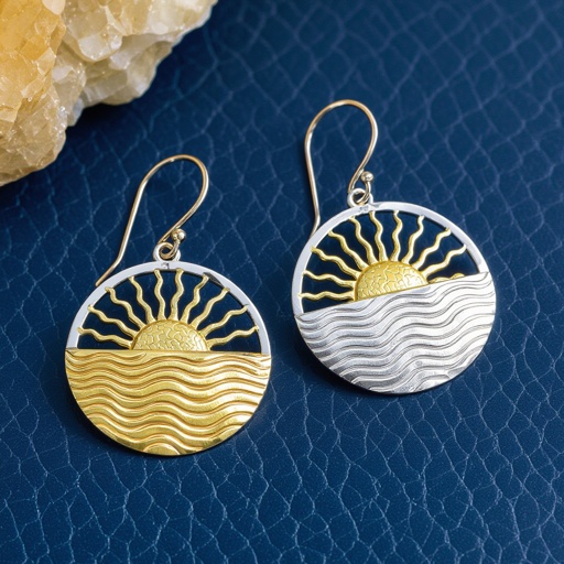 Золотые серьги полукруг половинка горящего солнца мятое неровное золото лучи волнистые другая половинка круга серебряная 