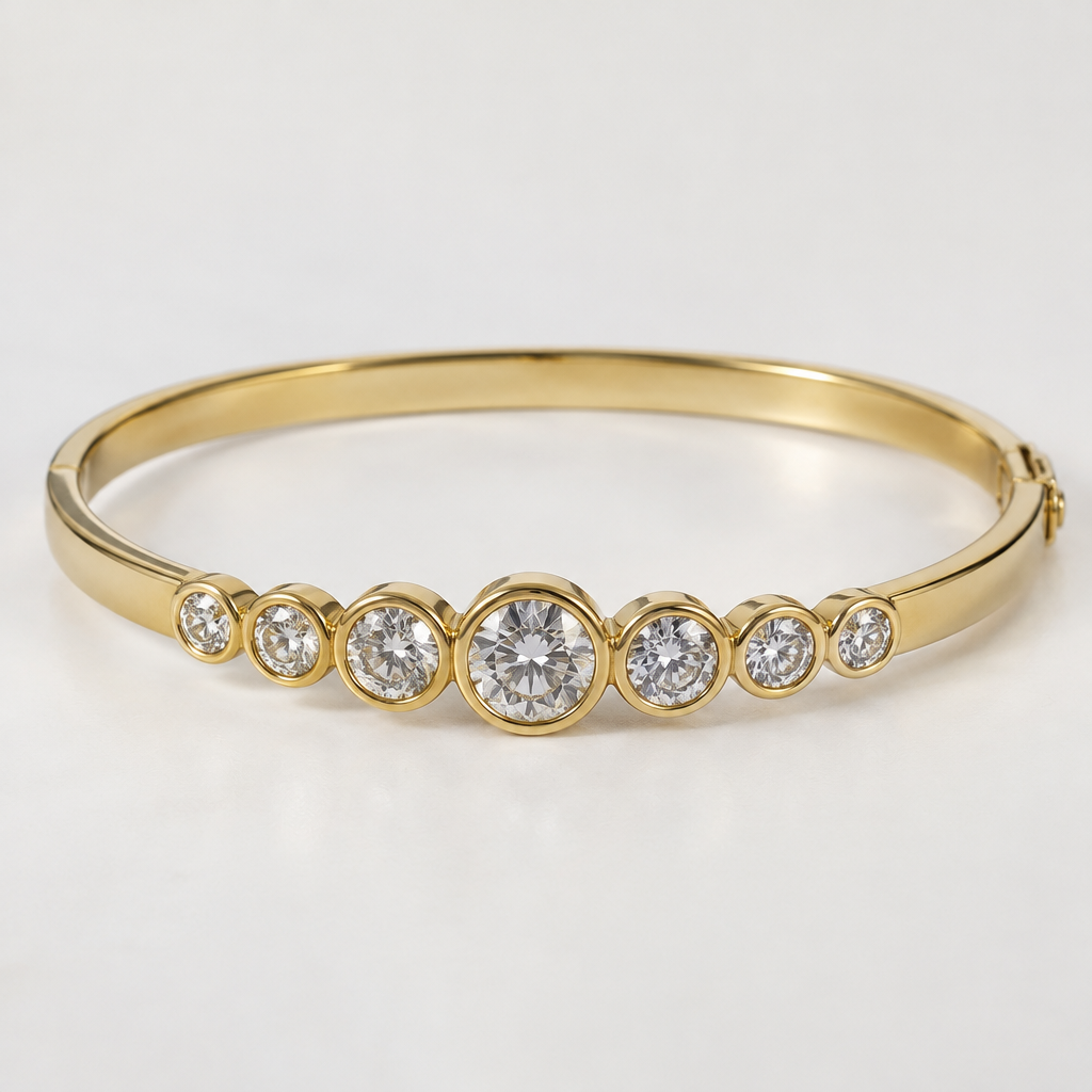 7 stone graduated in size bezel set yellow gold 3mm wide hinged bracelet
photorealistic jewelry design, 7 stone graduated in size bezel set yellow gold 3mm wide hinged bracelet , bangle style, just the design no text
