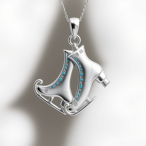 Silver pendant in the shape of turquoise figure skating blades without boots
