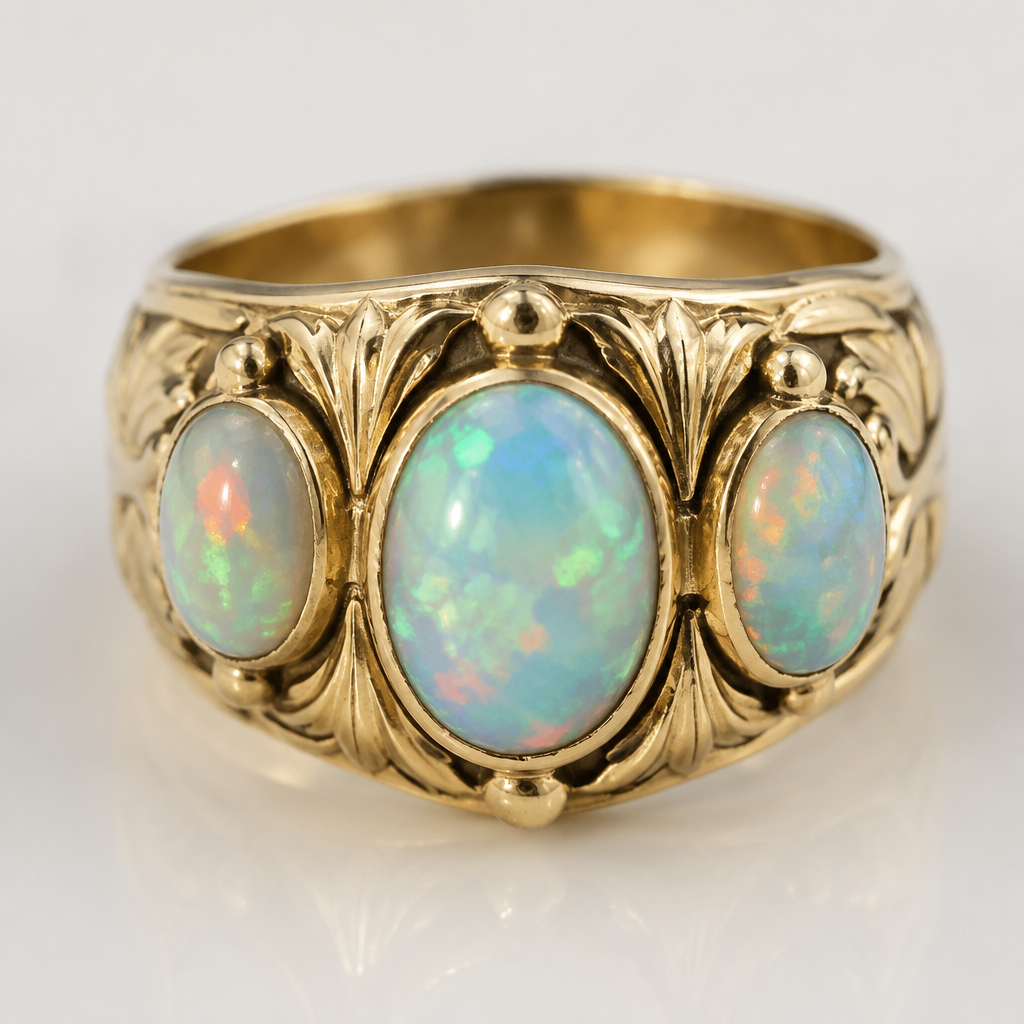 vintage gold wide band womens ring with 3 australian opals
photorealistic jewelry design, vintage gold wide band womens ring with 3 australian opals
, just the design no text