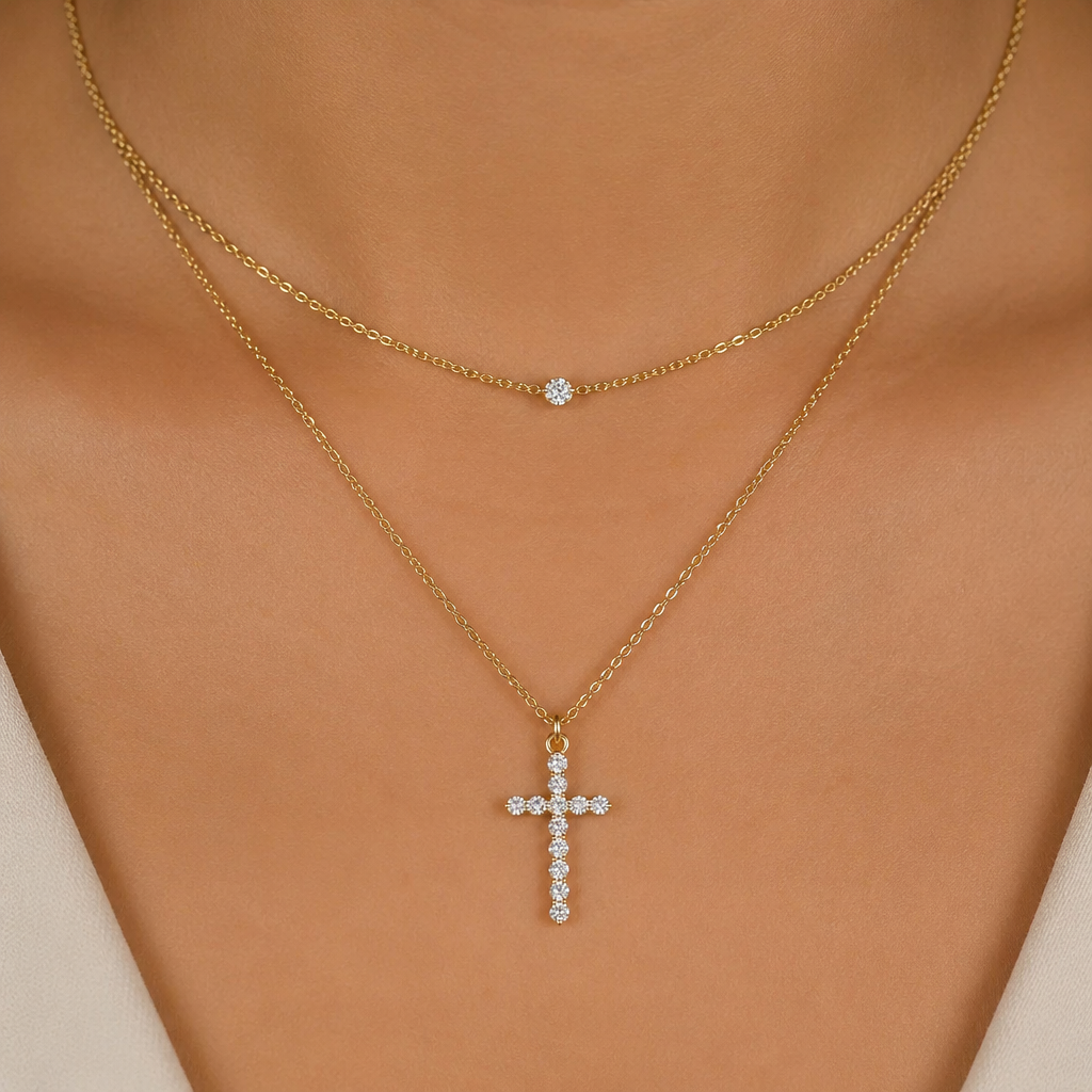 necklace stack top necklace is a gold chain with one small diomond in the middle of it bottom nevklace is a cross made of diamonds with a gold chain
photorealistic jewelry design, necklace stack top necklace is a gold chain with one small diomond in the middle of it bottom nevklace is a cross made of diamonds with a gold chain, just the design no text