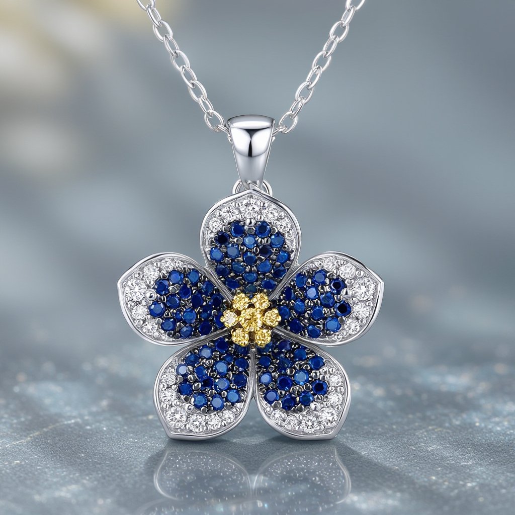 I want to create a forget me not flower inspired necklace.  The petals are formed using a mixed paved blue to light blue sapphires.  The center stone is mixed of black and yellow diamonds.  