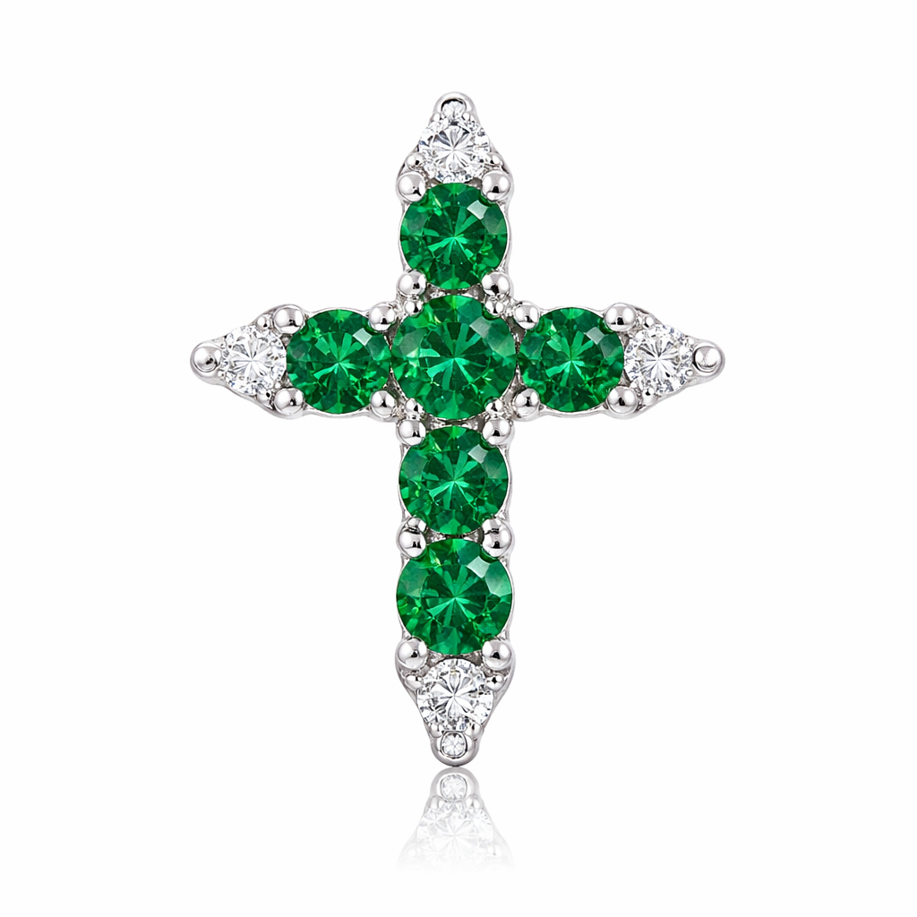 Simple Small rounded Emerald cross with accent diamonds, prong set stones
