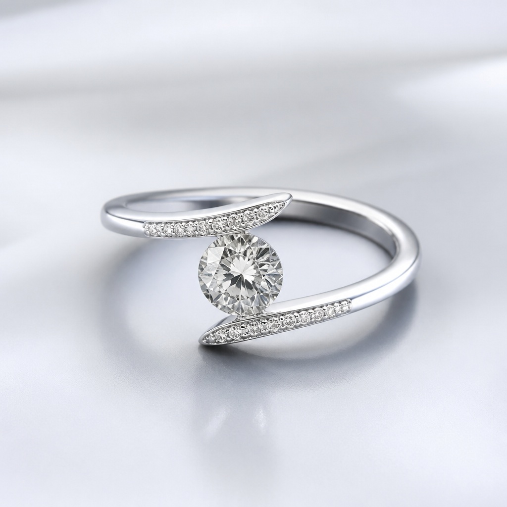 A modern women's ring made of silver with diamond stones. Un bague comme l'image de référence, mais enlever l'anneau du dessus identifier avec du crayon rouge
photorealistic jewelry design, A modern women's ring made of silver with diamond stones. Un bague comme l'image de référence, mais enlever l'anneau du dessus identifier avec du crayon rouge, modern style, just the design no text