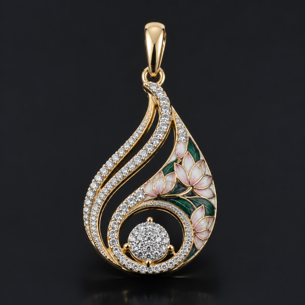 A women's pendant made of gold with diamond stones. add meenakari to refrence photo
photorealistic jewelry design, A women's pendant made of gold with diamond stones. add meenakari to refrence photo, modern style, just the design no text