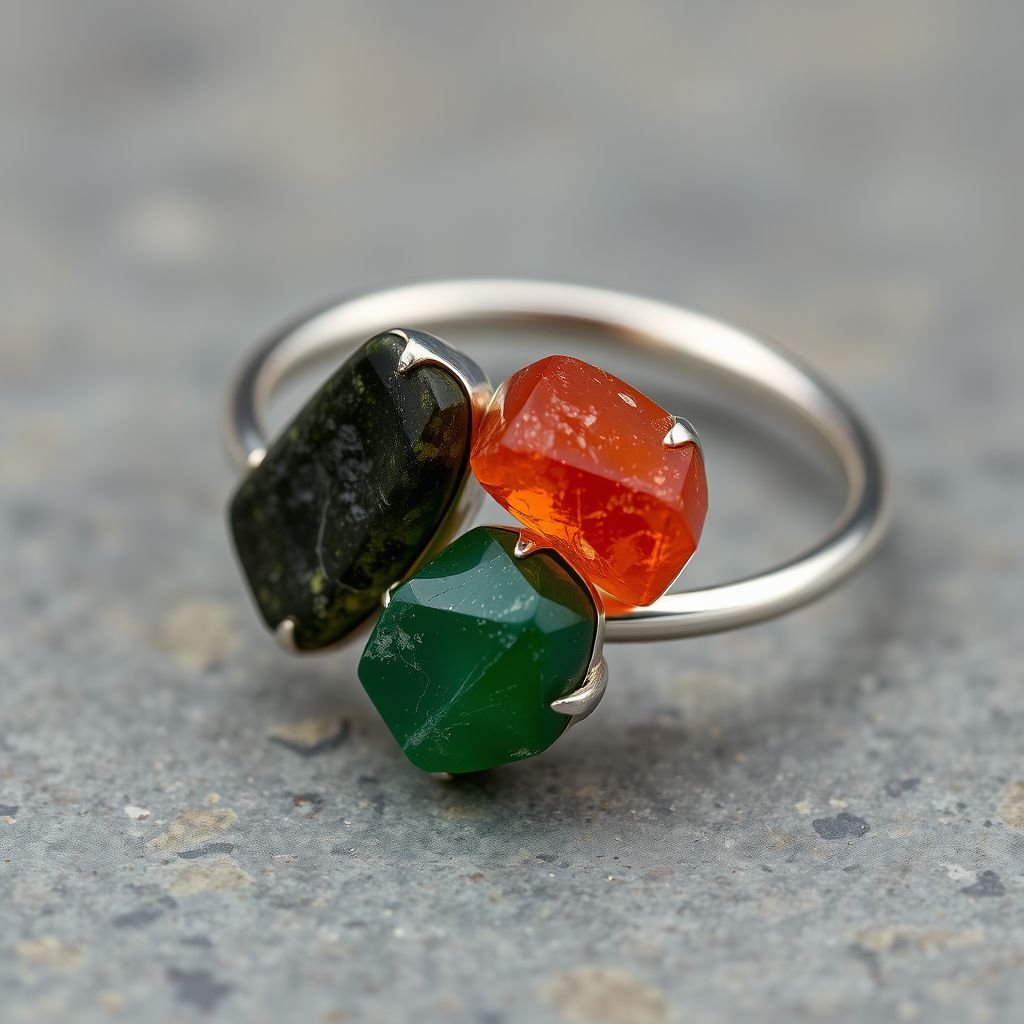 Craft a minimalist silver adjustable ring that delicately embraces the finger. Feature two striking raw natural gemstones—allowing their organic textures and colors to stand out. The design exudes earthy elegance, merging modern style with raw, untamed nature.