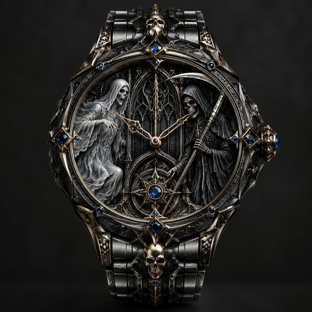 A gothic men's watch made of mixed metal with sapphire stones suitable for formal. a ghost and a reaper
photorealistic jewelry design, A gothic men's watch made of mixed metal with sapphire stones suitable for formal. a ghost and a reaper, gothic style, just the design no text