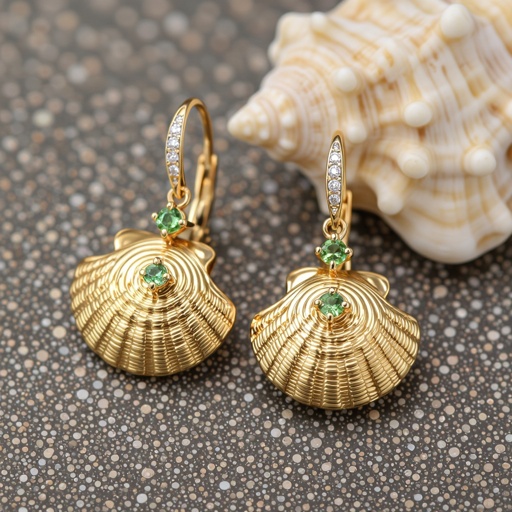 Золотые серьги в виде спиральной ракушки украшенной тремя маленькими камнями 