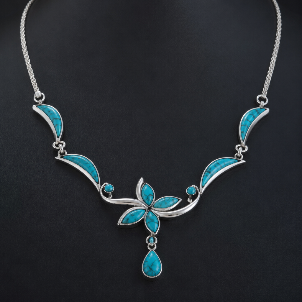 A modern women's necklace made of silver with turquoise stones suitable for festival
photorealistic jewelry design, A modern women's necklace made of silver with turquoise stones suitable for festival, modern style, just the design no text