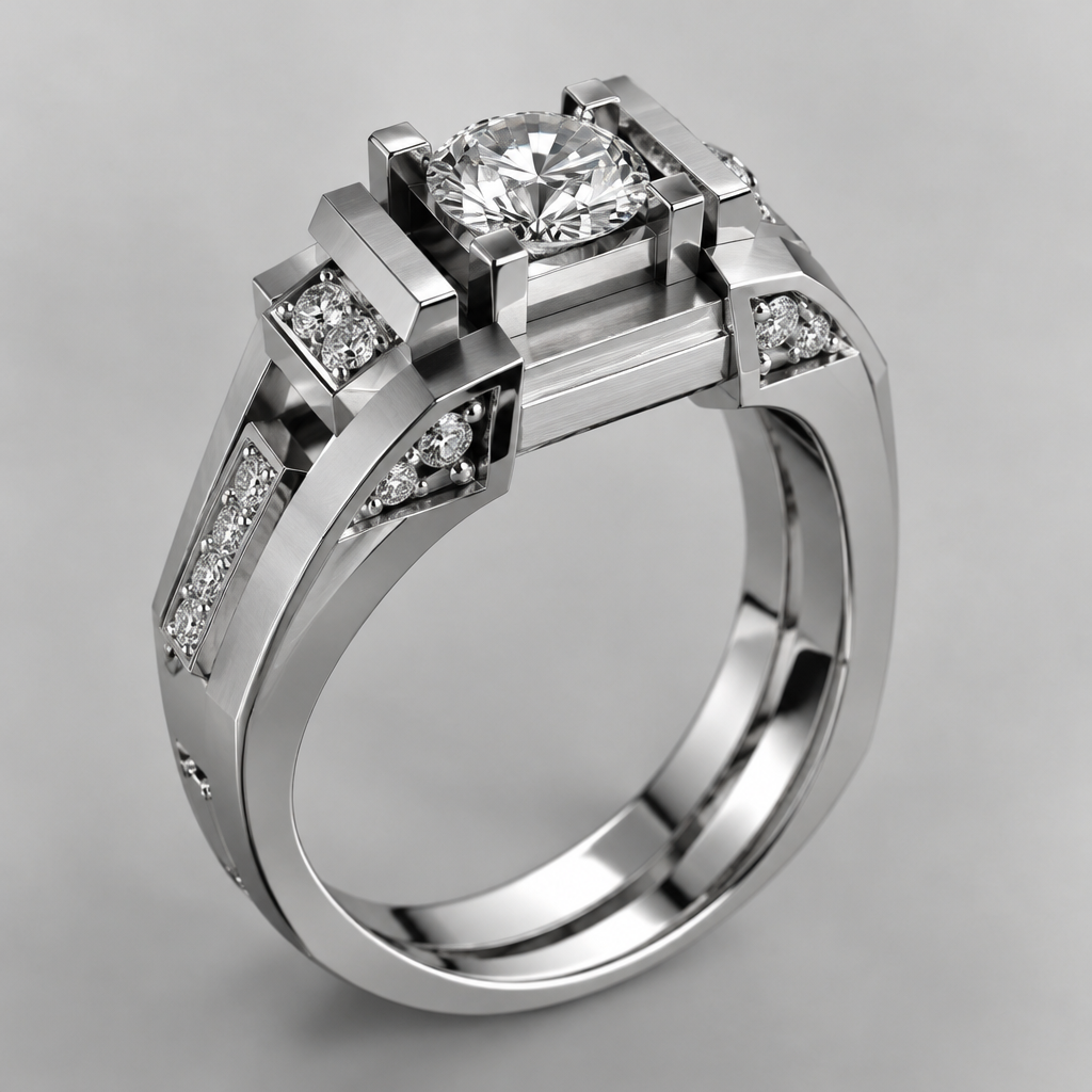 A industrial women's ring made of white gold with diamond stones
photorealistic jewelry design, A industrial women's ring made of white gold with diamond stones, industrial style, just the design no text