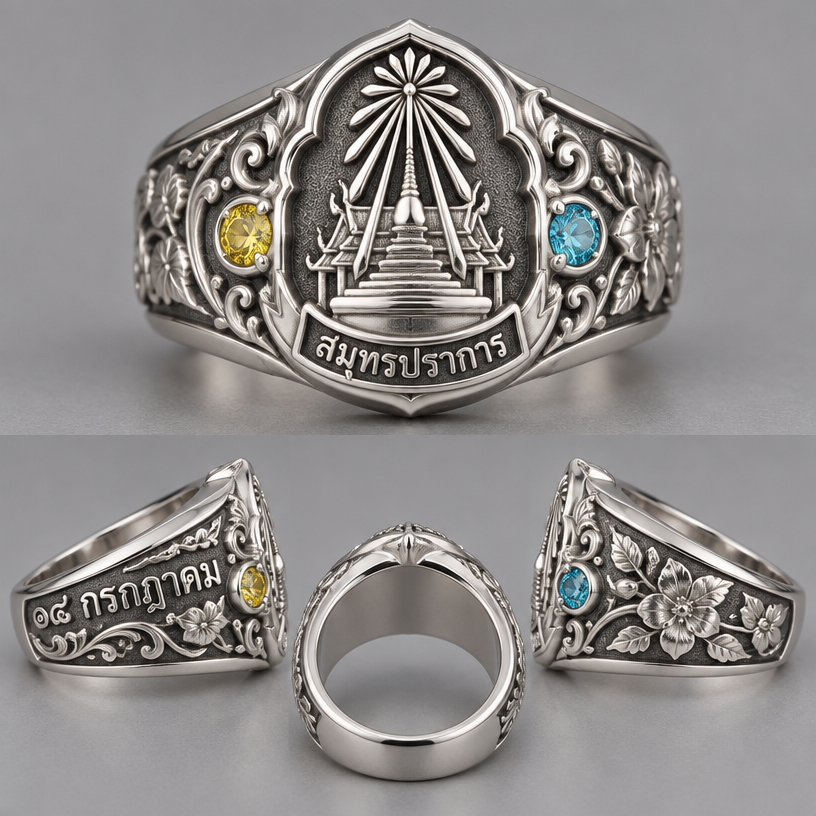 A modern women's ring made of silver, detailed and decorative, moderately ornate. สร้างรูปแหวนสปสตายคลาสสิคตราโรงเรียนสมุทรปราการอยู่ตรงกลางและเหล็กเป็นสีเทาเงินทั้งหมดของตัวแหวนและมีกรอบโค้งตามรูปตรารร.ล้อมรอบสปเป็นแหวนหนาเท่ากัน เฉพาะส่วนหน้าที่ไม่ต้องเท่า เขียนข้างล่างตราโรงเรียนว่า สมุทรปราการเป็นโค้งตามรูปแหวน ตาโรงเรียนว่าสมุทรปราการ ข้างซ้ายเขียนว่า 18 กรกฎาคมสถาปนาเป็นเลขไทย ข้างขวาเป็นรูปดอกประดู่และมีลายดอกประดู และมีเพชรสีเหลืองกับเพชรสีฟ้าข้างๆตาโรงเรียน ระหว่างกึ่งกลางทั้งสองฝั่ง ตรงตราโรงเรียนข้างหน้าไม่ต้องโค้ง รูปซ้ายขวา
using the attached image as a visual reference, create A modern women's ring made of silver, detailed and decorative, moderately ornate. สร้างรูปแหวนสปสตายคลาสสิคตราโรงเรียนสมุทรปราการอยู่ตรงกลางและเหล็กเป็นสีเทาเงินทั้งหมดของตัวแหวนและมีกรอบโค้งตามรูปตรารร.ล้อมรอบสปเป็นแหวนหนาเท่ากัน เฉพาะส่วนหน้าที่ไม่ต้องเท่า เขียนข้างล่างตราโรงเรียนว่า สมุทรปราการเป็นโค้งตามรูปแหวน ตาโรงเรียนว่าสมุทรปราการ ข้างซ้ายเขียนว่า 18 กรกฎาคมสถาปนาเป็นเลขไทย ข้างขวาเป็นรูปดอกประดู่และมีลายดอกประดู และมีเพชรสีเหลืองกับเพชรสีฟ้าข้างๆตาโรงเรียน ระหว่างกึ่งกลางทั้งสองฝั่ง ตรงตราโรงเรียนข้างหน้าไม่ต้องโค้ง รูปซ้ายขวา. photorealistic, just the design no text