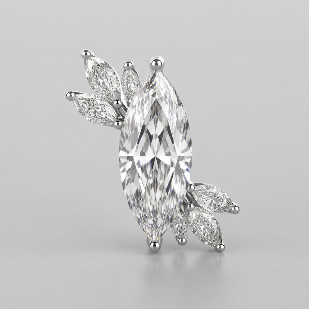 the main diamond is marquis cut. then next to the main big diamond, i want three small marquis diamonds flowering out of the top left corner and bottom right corner. the outside diamonds in each trio are smaller than the middle diamond in the trio.
photorealistic jewelry design, the main diamond is marquis cut. then next to the main big diamond, i want three small marquis diamonds flowering out of the top left corner and bottom right corner. the outside diamonds in each trio are smaller than the middle diamond in the trio. , diamond style, just the design no text