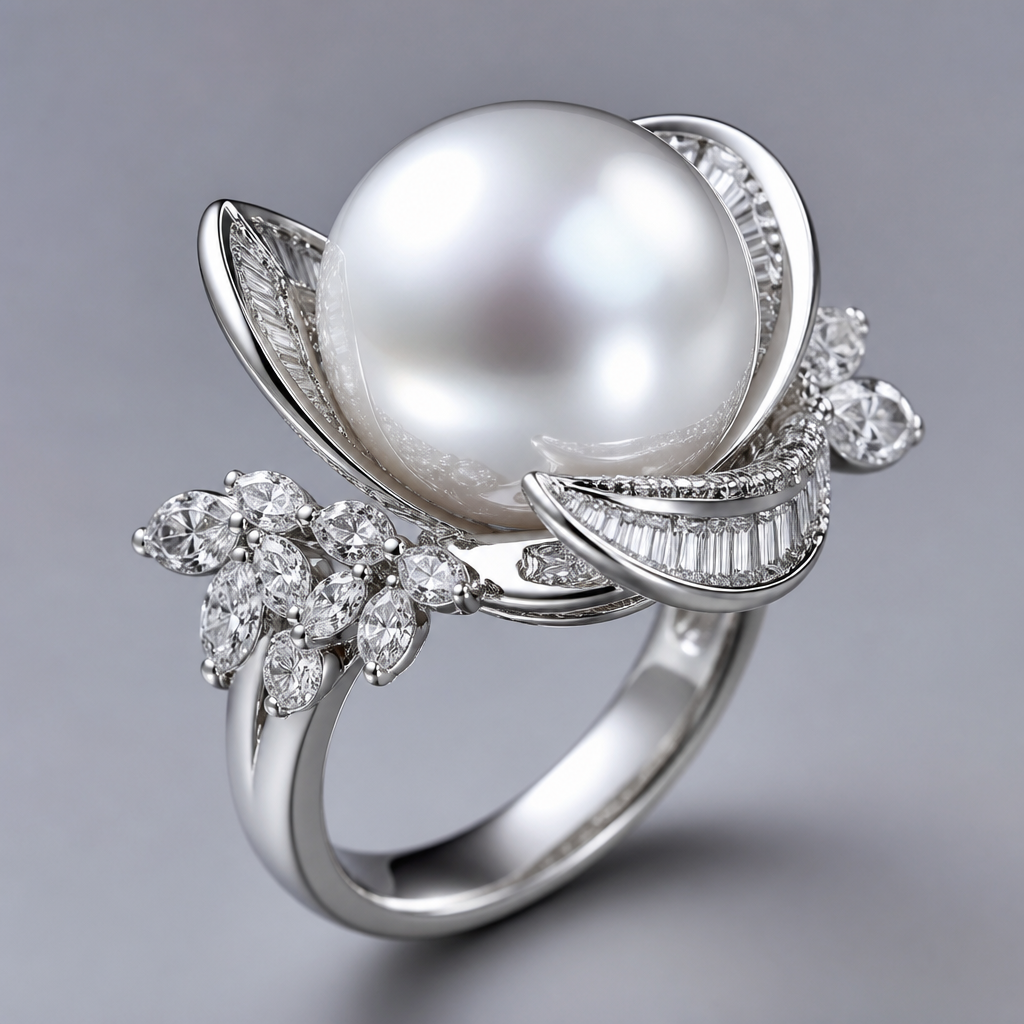 A women's ring with diamond and pearl stones. Large Pearl Cocktail Ring
photorealistic jewelry design, A women's ring with diamond and pearl stones. Large Pearl Cocktail Ring, modern style, just the design no text