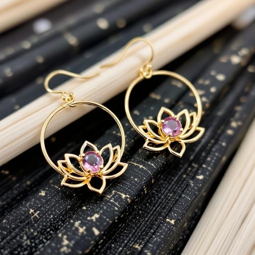 Серьги небольшие кольца,на серьгах висит в виде золотого лотоса шестью лепестками с маленьким розовым кварцем по центру