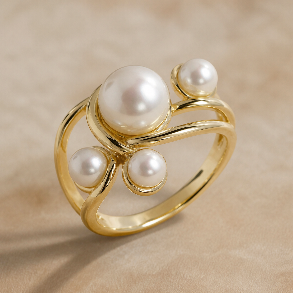 A modern women's ring made of gold with pearl stones suitable for birthday
photorealistic jewelry design, A modern women's ring made of gold with pearl stones suitable for birthday, modern style, just the design no text
