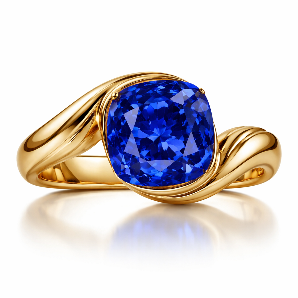4 carat cushion sapphire royal blue ring in any design in yellow gold only and with no additional diamonds, something sexy, provocative and bright , something for a young woman that knows what she wants and everyone envy’s her , show me picture without finger just ring. Something like Messika for example