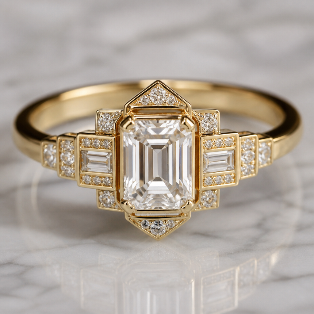 A art deco women's ring made of gold suitable for engagement
photorealistic jewelry design, A art deco women's ring made of gold suitable for engagement, art_deco style, just the design no text
