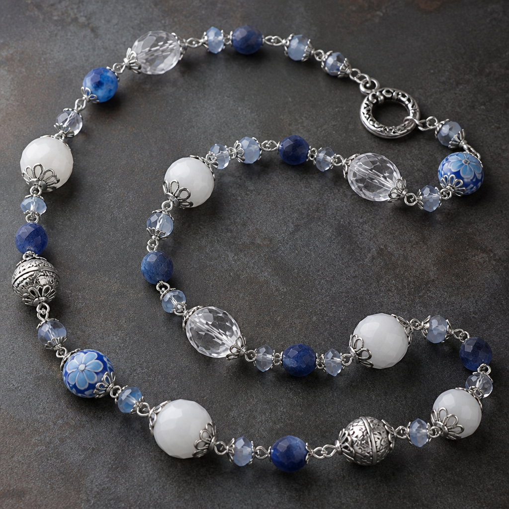"White faceted jade beads 12mm, clear faceted crystal quartz 10mm, sapphire rough cut round beads 6mm, millefiori blue with light blue flowers 8mm, light faintly blue faceted crystals 6mm, silver findings
photorealistic jewelry design, "White faceted jade beads 12mm, clear faceted crystal quartz 10mm, sapphire rough cut round beads 6mm, millefiori blue with light blue flowers 8mm, light faintly blue faceted crystals 6mm, silver findings, vintage style, just the design no text
