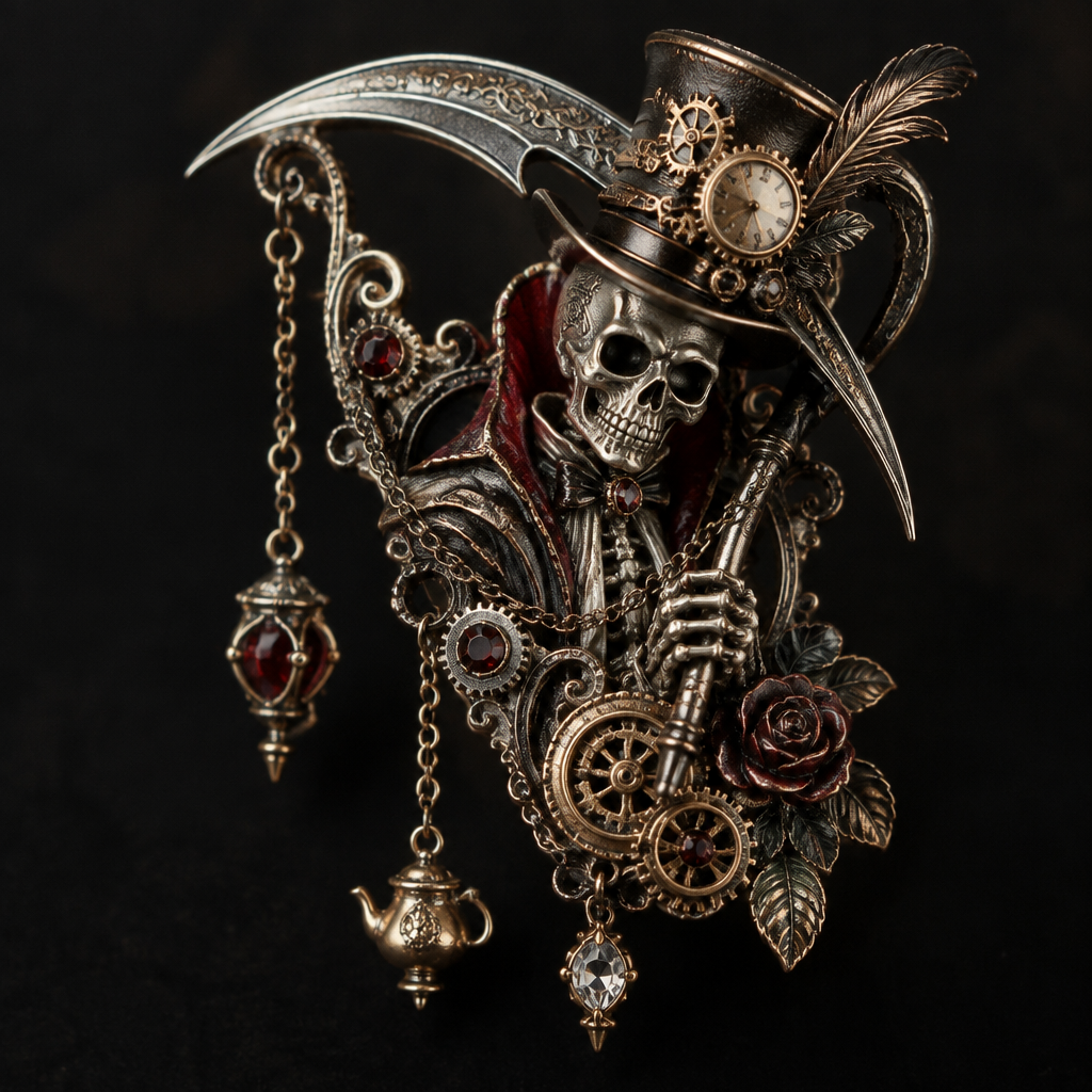 A steampunk women's brooch made of mixed metal suitable for formal. a reaper with a mix of the madhatter style
photorealistic jewelry design, A steampunk women's brooch made of mixed metal suitable for formal. a reaper with a mix of the madhatter style, steampunk style, just the design no text