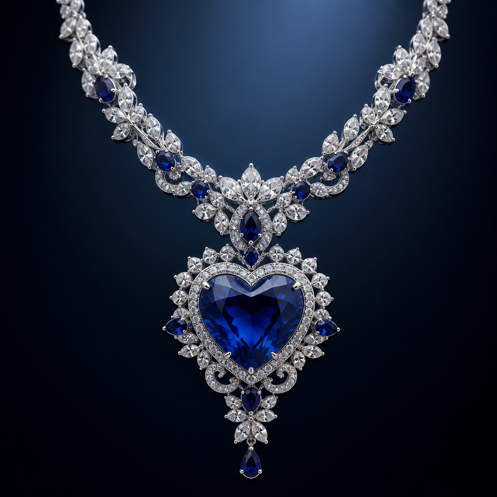 Elegant diamond neclace with heart centerpiece blue sapphire crystal fantasy luxury aesthetic,delicate chains,feminine royal vibes
photorealistic jewelry design, Elegant diamond neclace with heart centerpiece blue sapphire crystal fantasy luxury aesthetic,delicate chains,feminine royal vibes, just the design no text