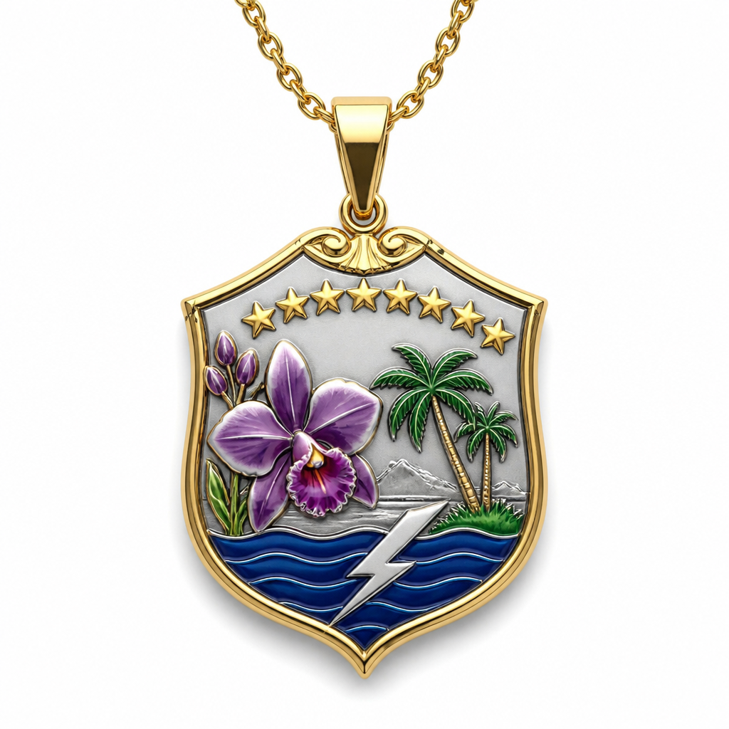 A classic women's necklace. 1. **Material:** Acero inoxidable quirúrgico (duradero y brillante).
2. **Elemento Central:** Iniciales **M D** en relieve dorado.
3. **Protagonista:** Una **Orquídea (Flor de Mayo)** esmaltada en tonos morados y lilas en un lateral del escudo.
4. **Símbolos Patrios y Regionales:**
* Arco de **8 estrellas** amarillas.
* Grabado de **Palmas de Coco** verdes.
* Base con ondas de azul profundo (**Lago**) y un rayo blanco (**Catatumbo**).
5. **Lema en Wayuunaiki:**
> **Waneepiaa • Kojutaa • Atüjaa**
> *(Lealtad • Honor • Sabiduría)*
es un collar de con estilo escudo clásico
photorealistic jewelry design, A classic women's necklace. 1. **Material:** Acero inoxidable quirúrgico (duradero y brillante).
2. **Elemento Central:** Iniciales **M D** en relieve dorado.
3. **Protagonista:** Una **Orquídea (Flor de Mayo)** esmaltada en tonos morados y lilas en un lateral del escudo.
4. **Símbolos Patrios y Regionales:**
* Arco de **8 estrellas** amarillas.
* Grabado de **Palmas de Coco** verdes.
* Base con ondas de azul profundo (**Lago**) y un rayo blanco (**Catatumbo**).
5. **Lema en Wayuunaiki:**
> **Waneepiaa • Kojutaa • Atüjaa**
> *(Lealtad • Honor • Sabiduría)*
es un collar de con estilo escudo clásico, classic style, just the design no text