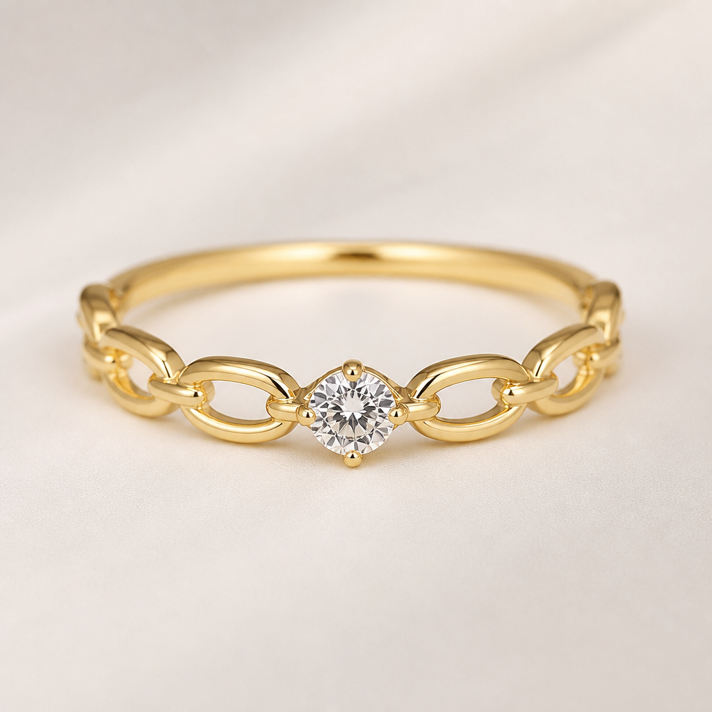 A women's ring made of gold with diamond stones. golden chain one diamond in middle
photorealistic jewelry design, A women's ring made of gold with diamond stones. golden chain one diamond in middle, modern style, just the design no text