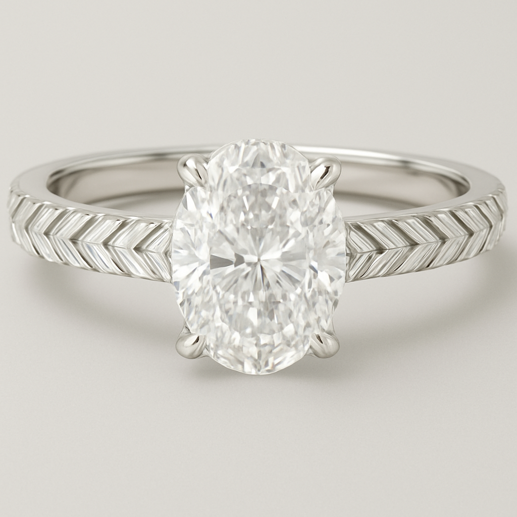 Herringbone baguette band with a 2ct oval center diamond 