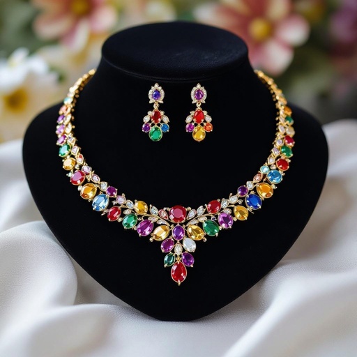 Necklace and ring and earring with luxury colorful jewel with gold