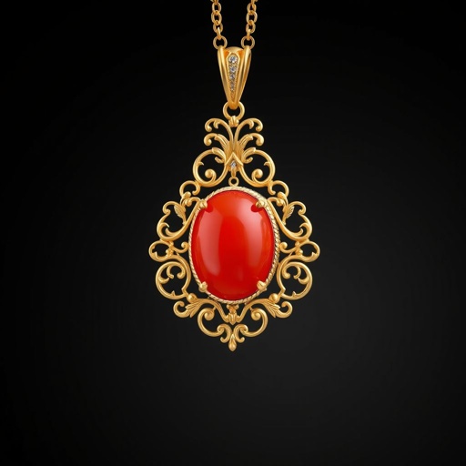 , 15 carat red coral Opal-cut, FI IF with gold Filigree chain