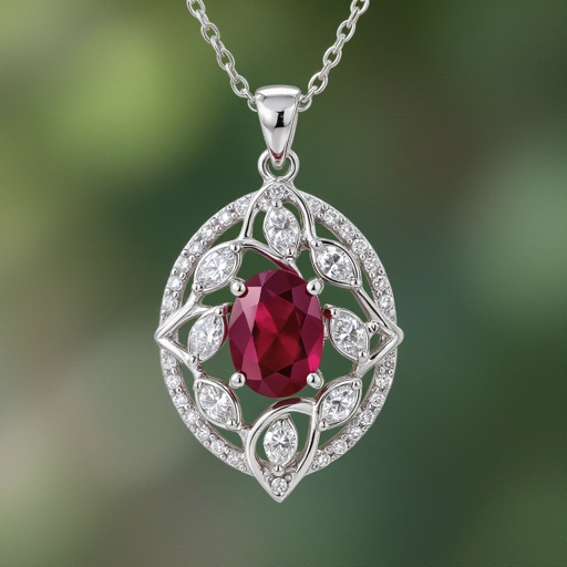 7x5mm oval pigeon blood ruby with 8 marquis cut diamonds each .08ct set in white gold pendant 