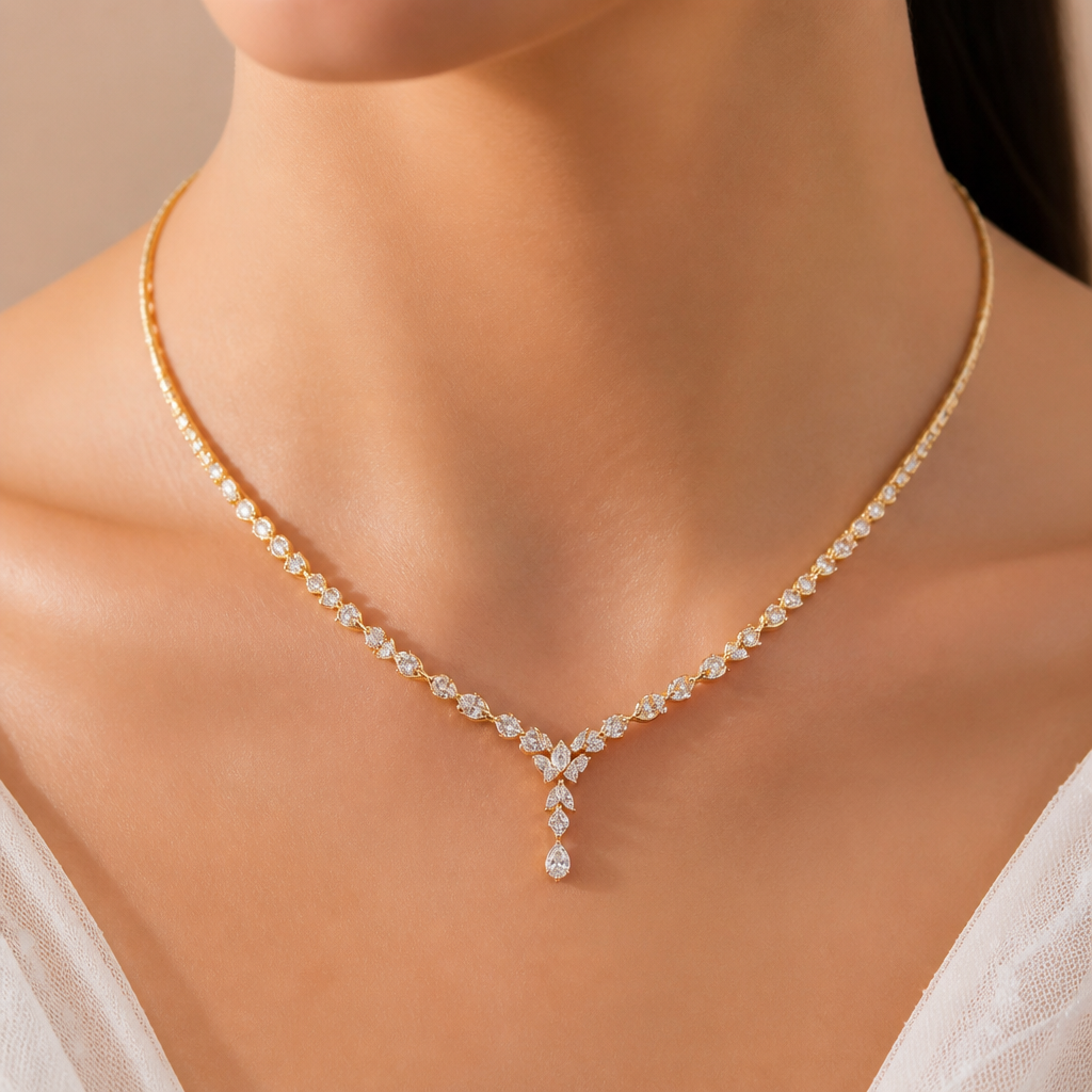 A modern women's necklace made of gold with diamond stones suitable for wedding
photorealistic jewelry design, A modern women's necklace made of gold with diamond stones suitable for wedding, modern style, just the design no text