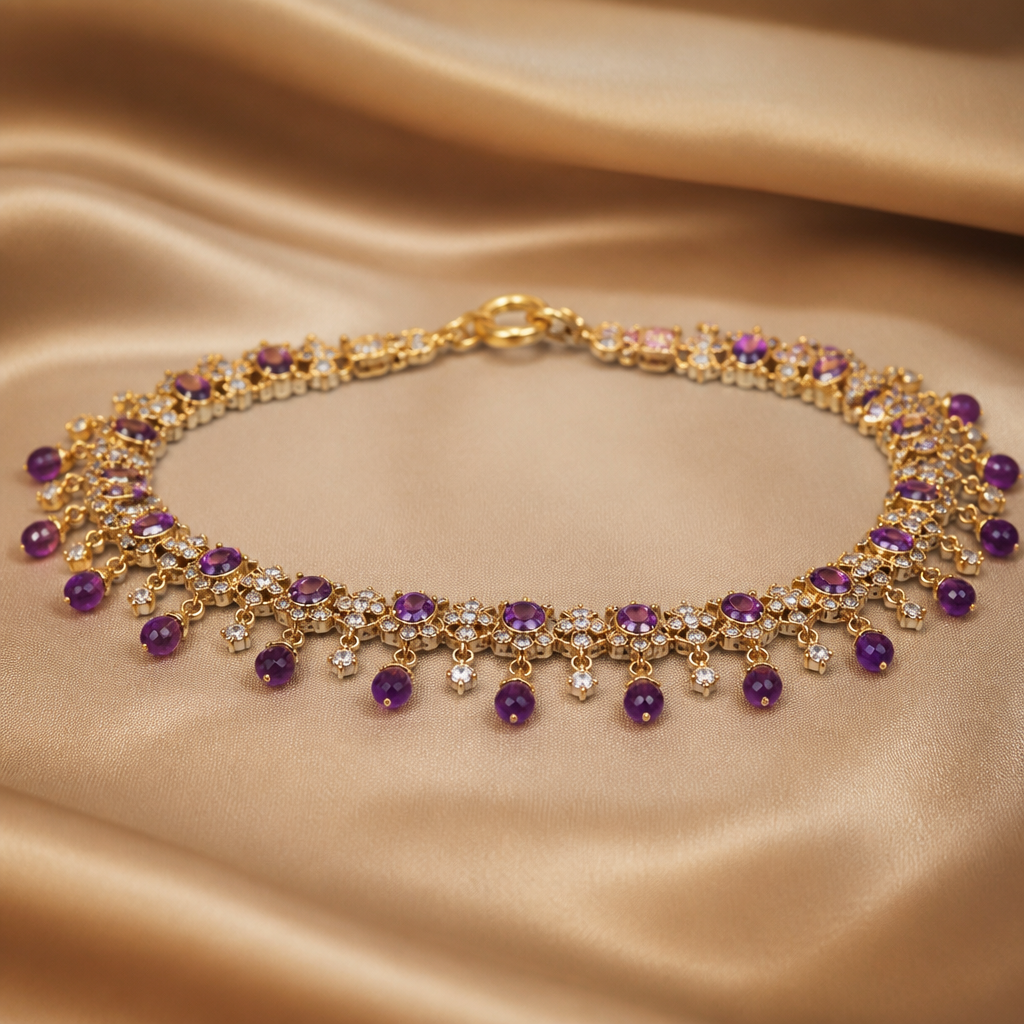 A vintage women's anklet made of gold with amethyst and diamond stones suitable for wedding. e. g like the reference photo
photorealistic jewelry design, A vintage women's anklet made of gold with amethyst and diamond stones suitable for wedding. e. g like the reference photo, vintage style, just the design no text