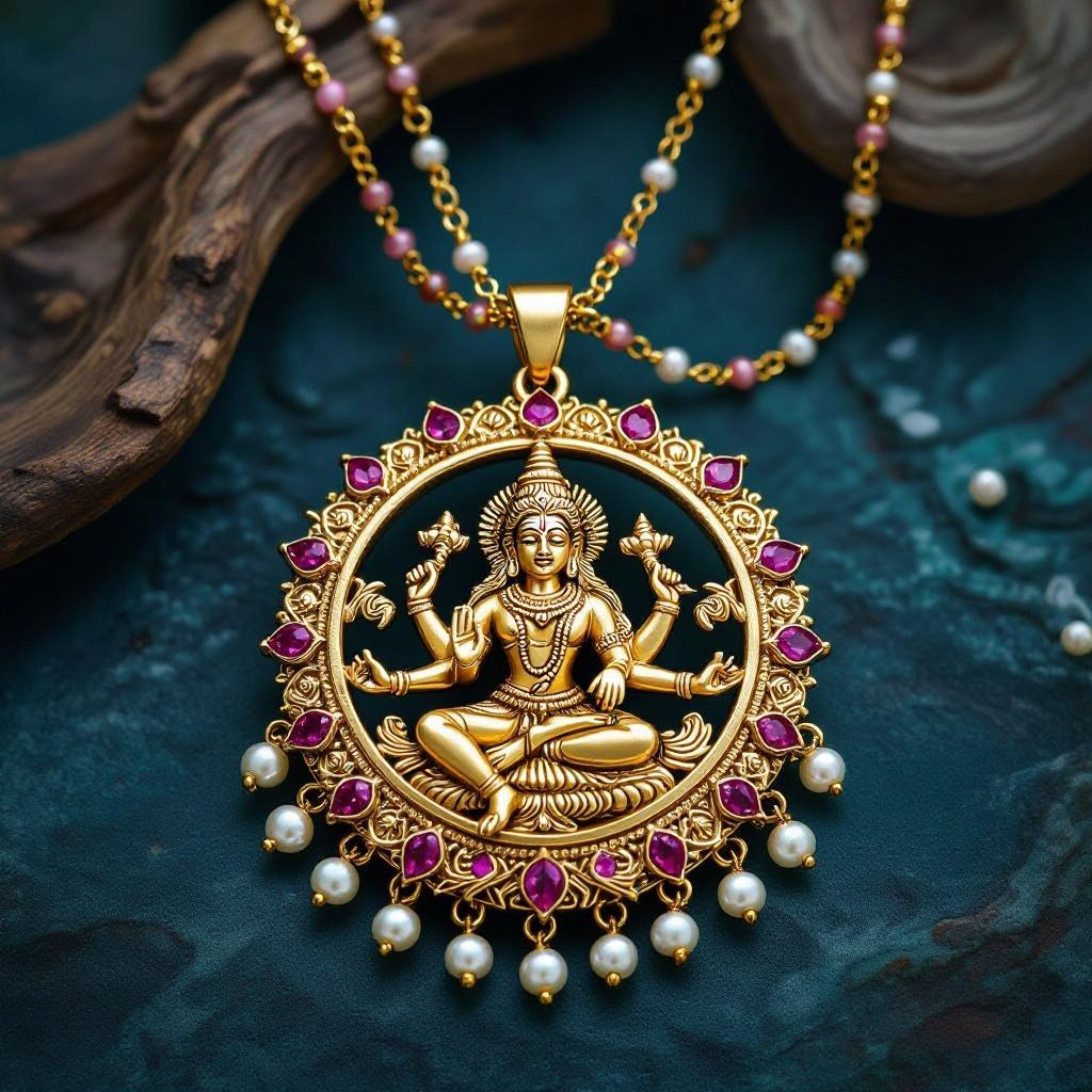 Кулон на длинной цепочке. Матовое светлое золото. В цепочке небольшие золотые шарики и розовые камушки и жемчуга. Кулон в форме неровного мятого круга. На круге изображен бог шива. Круг украшен лотосами звездами волнами узорами