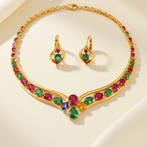 Necklace and ring and earring with luxury colorful jewel with gold