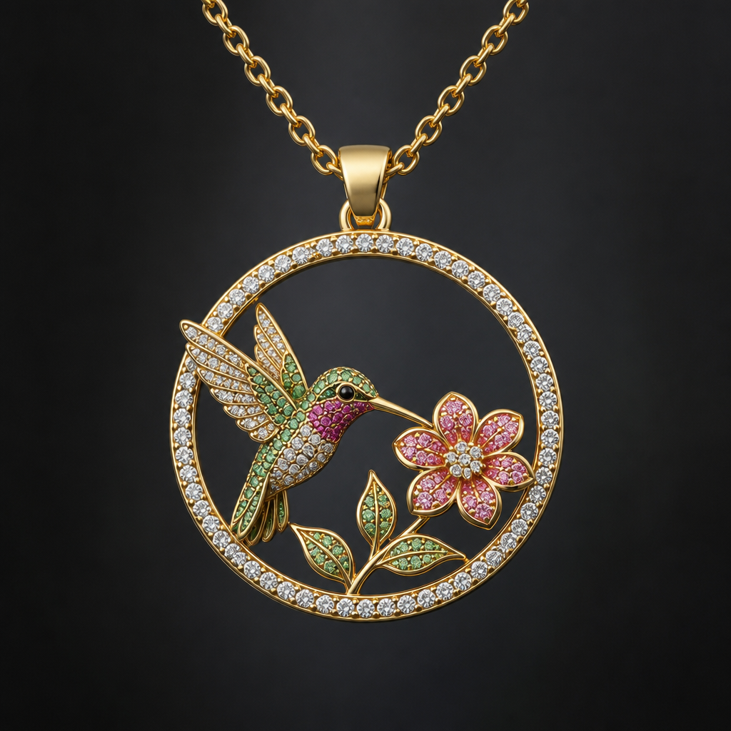 Panajachel Hummingbird Pendant Necklace for Women Small Circle Hummingbird Necklace with Flower with stones. Refinement: Yolande
photorealistic jewelry design, Panajachel Hummingbird Pendant Necklace for Women Small Circle Hummingbird Necklace with Flower with stones. Refinement: Yolande, just the design no text