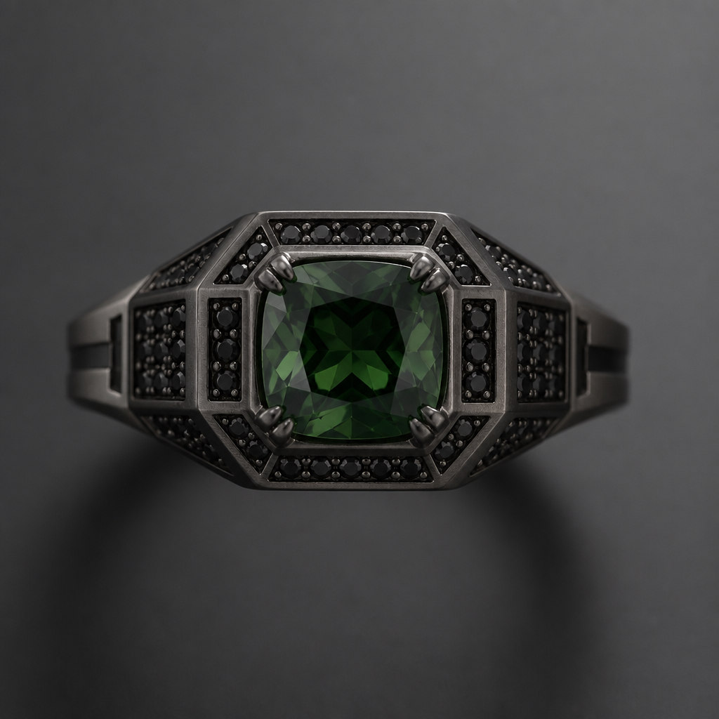 Mens microsetting cushion cut green zircon
photorealistic jewelry design, Mens microsetting cushion cut green zircon , industrial style, just the design no text