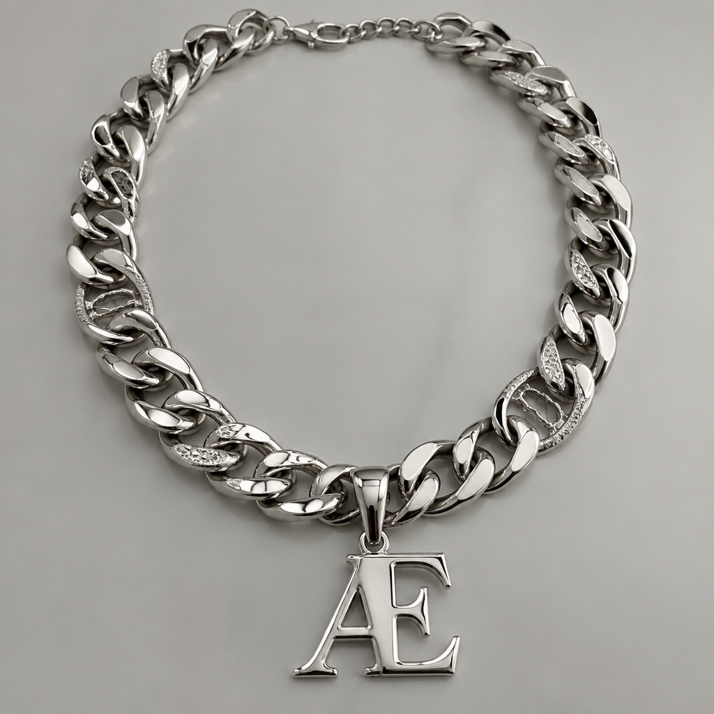 A modern women's necklace made of silver. A thick, 2 cm Cuban-style chain—though the design shouldn't be perfectly uniform; for instance, it should feature some unique detailing or varied link elements. It should also include a pendant featuring just the letters "AE," with the letters joined together to form a single, cohesive shape. The piece should have a shiny silver finish, measure approximately 60 cm in length, and weigh around 80 grams.
photorealistic jewelry design, A modern women's necklace made of silver. A thick, 2 cm Cuban-style chain—though the design shouldn't be perfectly uniform; for instance, it should feature some unique detailing or varied link elements. It should also include a pendant featuring just the letters "AE," with the letters joined together to form a single, cohesive shape. The piece should have a shiny silver finish, measure approximately 60 cm in length, and weigh around 80 grams., modern style, just the design no text