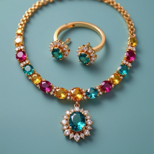 Necklace and ring and earring with luxury colorful jewel with gold