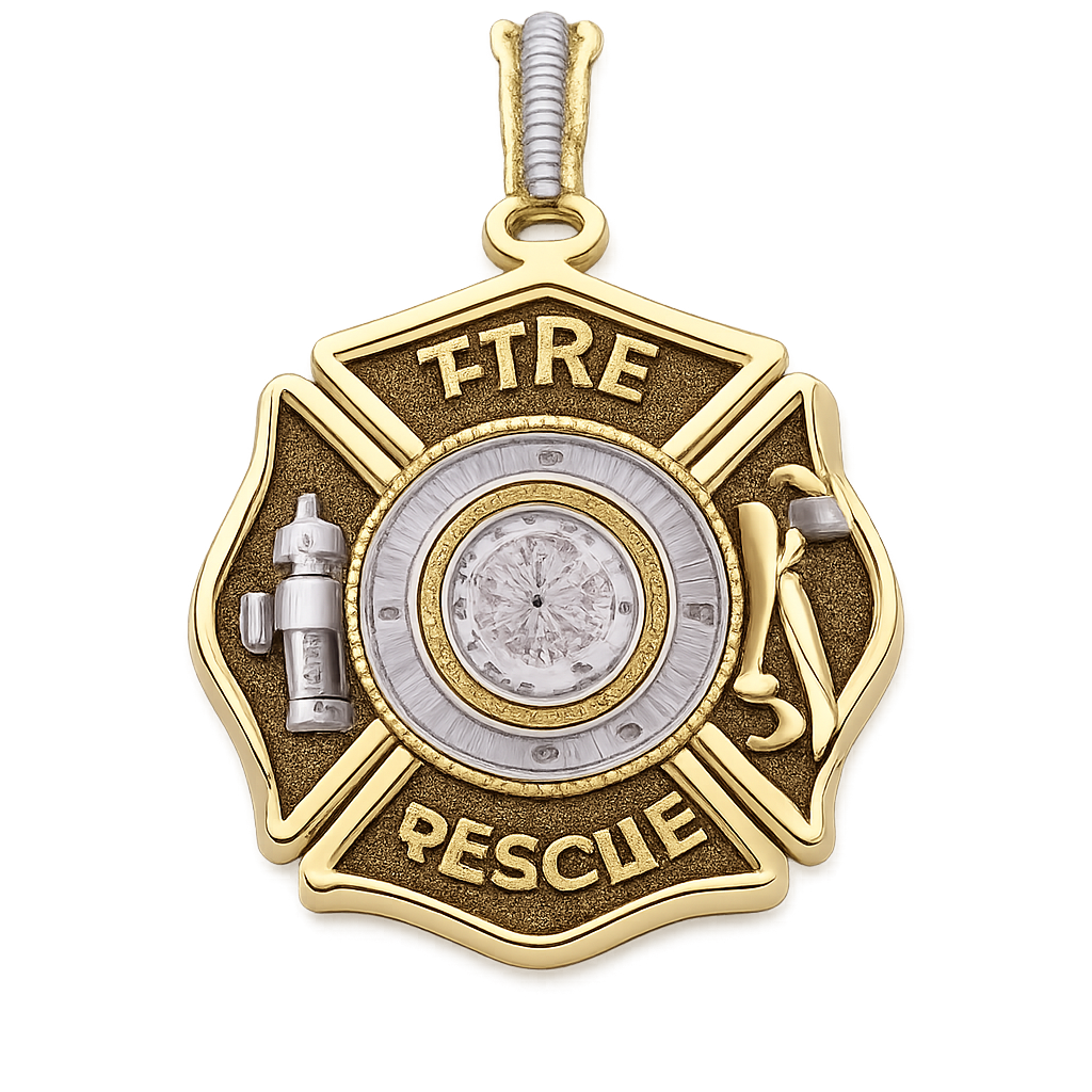 Firefighter Maltese charm two tone gold with a diamond in the center