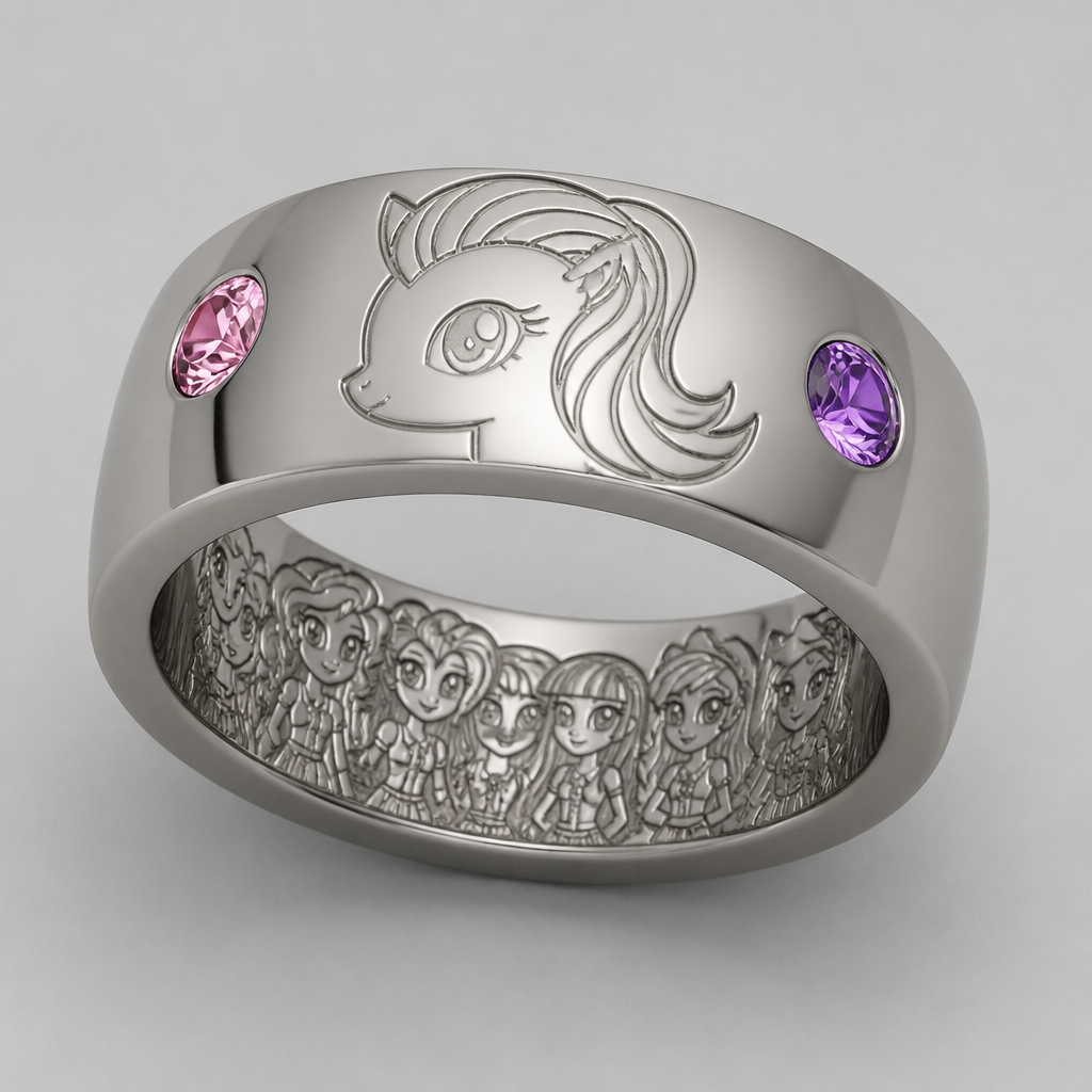 A women's ring. con un pony grabado por fuera con un diamante rosado por un lado y morado por el otro y por dentro que salga equestria girls el anillo deba ser mas grueso
photorealistic jewelry design, A women's ring. con un pony grabado por fuera con un diamante rosado por un lado y morado por el otro y por dentro que salga equestria girls el anillo deba ser mas grueso, modern style, just the design no text