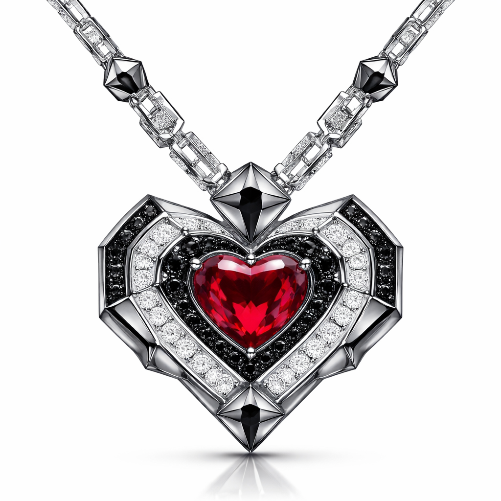 Geometric pendant of heart with chain of architecture shape and edges of bold style with white diamond and black diamonds and ruby of white background